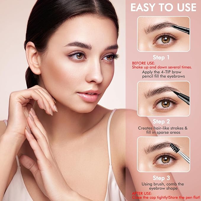 LAVONE 2-IN-1 Dual-ended Waterproof Eyebrow Pencil, 4 Tip Microblading Pen and Ultra-Precise Brow Pencil, Dual-ended Eyebrow Brush, Natural Looking Dark Black