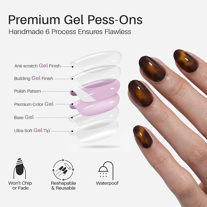 SHANGMENG Tortoise Shell Press on Nails Short - Soft Gel Oval Press on Nails for Women, Seamless Fit & Glossy Glue on Nails 16 Sizes - 32 Reusable Fake Nails Kit with Glue, Amber Memory