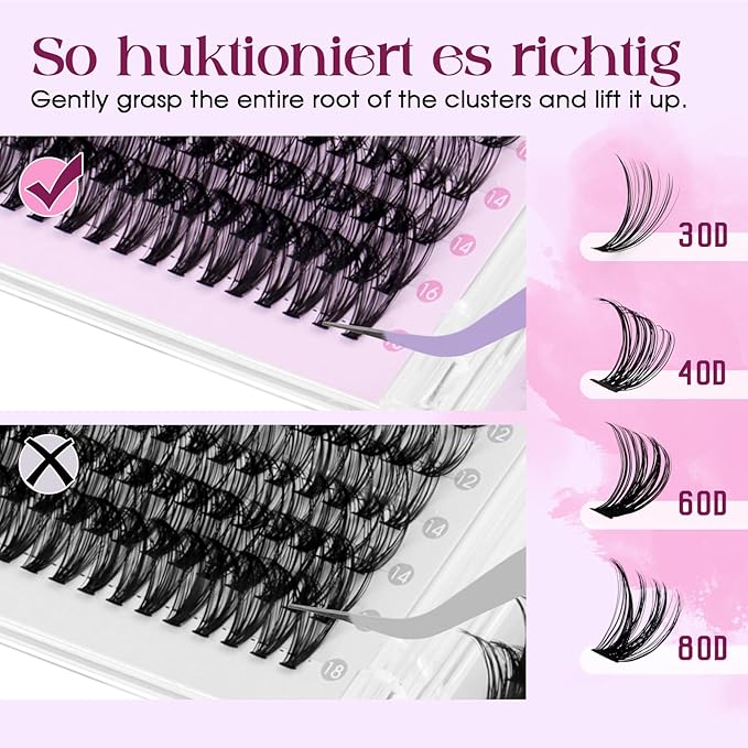 Lash Clusters Kit 30D+40D+60D+80D Wispy Individual Lashes Kit D-Curly Volume Lash Extensions 10-18mm Natural DIY Cluster Lashes Kit for Beginners