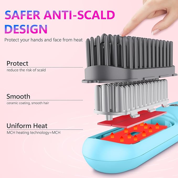 STUDLLY LCD Screen Cordless Hair Straightener Curler 2 in 1, Portable Mini Hair Straightening Brush for Travel Negative Ionic Fast Heating Hot Comb for Women, Folding Brush with Mirror, Blue