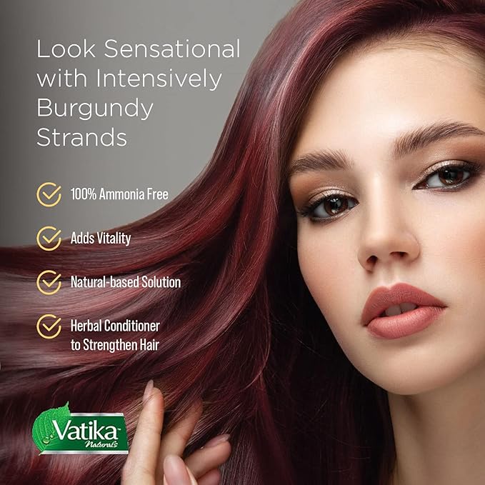 Vatika Naturals Permanent Hair Dye Burgundy – Ammonia-Free With Natural Henna, Grey Coverage, Nourishing Herbal Blend, Long-Lasting Hair Color for Soft, Shiny Results – 6 Sachets X 10g