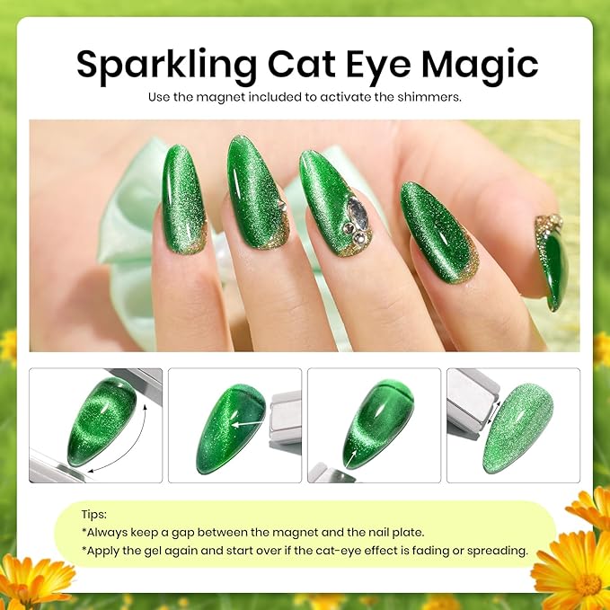 Beetles Green Gel Nail Polish Set, Winter Gel Polish Nail Kit 6 Colors Yellow Glitter Cat Eye Jelly with Cat Eye Magnet UV LED Needed Gifts for Women DIY Manicure Art Summer Beats