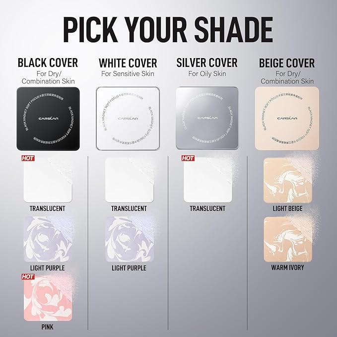 CARSLAN 2.0 Black Magnet Soft Focus Powder, Waterproof Translucent Pressed Setting Powder, 24H Longlasting Talc-Free Face Powder, Oil Control Compact Makeup,01 Translucent For Dry&Com Skin, 0.28Oz