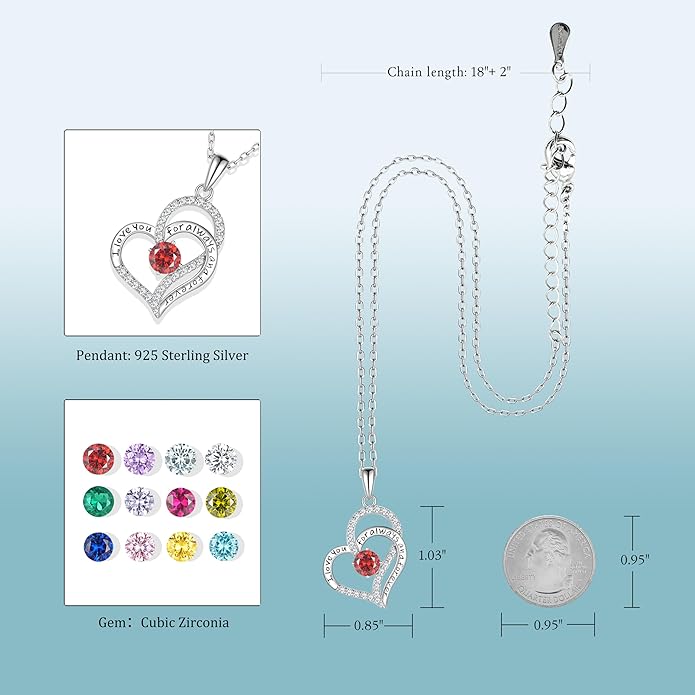 LynChoe Birthday Gifts Double Heart Birthstone Necklace for Women, S925 Sterling Silver Pendant Necklace Jewelry for Her Mother Mom Wife Girlfriend