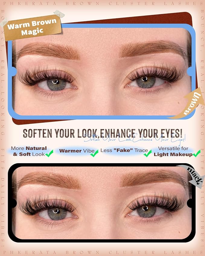 PHKERATA Brown Lash Clusters Wispy Cluster Eyelash Extensions Natural Eyelash Clusters 180Pcs Brown Lashes Clusters 10-16MM DIY Soft Individual Lashes C Curly Eyelash Extension