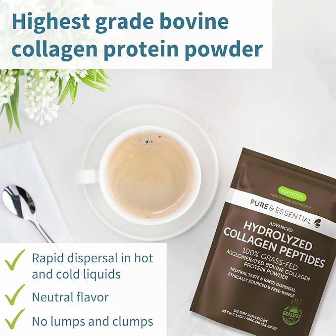 Igennus 100% Grass Fed Bovine Collagen Protein Powder, Highest Grade Hydrolyzed Collagen Peptides Types 1, 2 & 3, for Women & Men, Non-GMO, Free Range, Clean Label, Easy Mix, 4 x 40 Servings