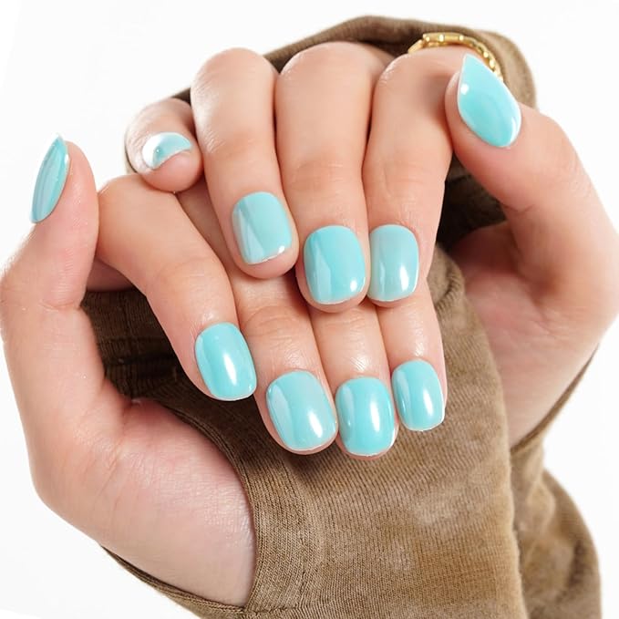 GLAMERMAID Pure Blue Chrome Extra Short Press on Nails, Glazed Handmade Light Blue Fake Nails Short Squoval, Mirror Powder Square Glue on Nails, Acrylic False Nails, Glossy Round Fake Nails for Women
