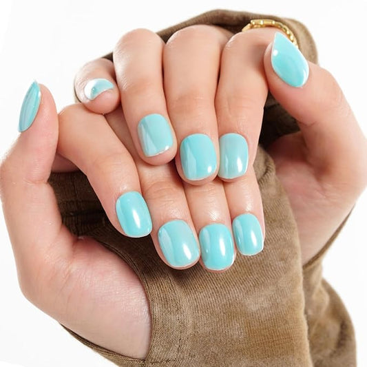 GLAMERMAID Pure Blue Chrome Extra Short Press on Nails, Glazed Handmade Light Blue Fake Nails Short Squoval, Mirror Powder Square Glue on Nails, Acrylic False Nails, Glossy Round Fake Nails for Women