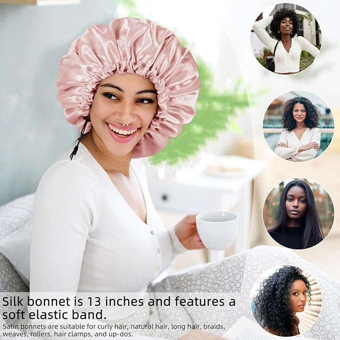 Satin Silk Bonnet for Curly Hair Bonnet Braid Bonnet for Sleeping Bonnets for Women Large Double-Layer Adjustable(Blush Pink)