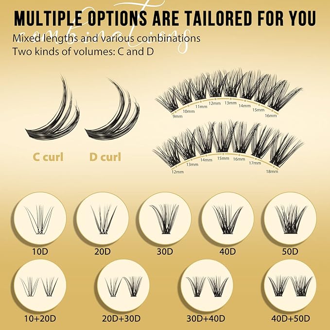 QUEWEL Lash Clusters 320Pcs Cluster Lashes 50D C Curl Lash Cluster Eyelash Extensions Mix9-16mm Individual Eyelashes Clusters Wispy Lash Clusters Thin Band Soft to Use at Home(50D C Mix9-16)