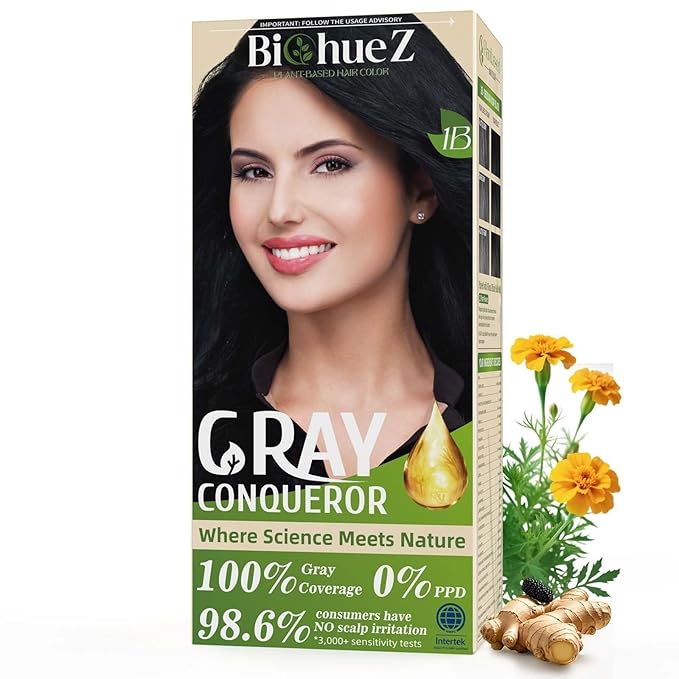 BioHueZ Permanent Hair Dye Gray Coverage Hair Dye PPD-Free Permanent Hair Color for Women 1B Obsidian Noir Black Natural Black