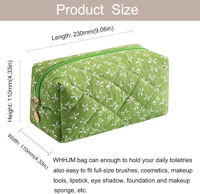 Cute Floral Makeup Bag Small Cotton Quilted Cosmetic Bag, Aesthetic Essential Bag Emergency Bag Gift for Women Girls Travel Accessories (Green)