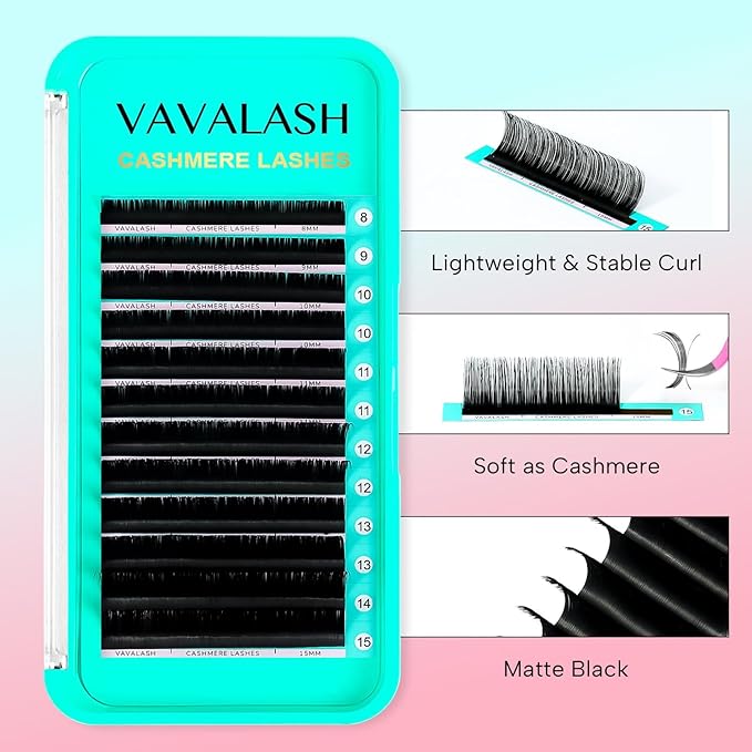 VAVALASH Cashmere Lashes 0.03/0.05/0.07 Premium Lashes Volume Eyelash Extensions 8-20MM Individual Silk Lashes, Soft Super Matte Black Professional Lashes Extension Tray Supplies (0.05-D-14MM)