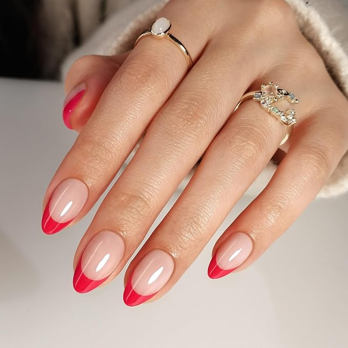 SHANGMENG Red French Tip Press on Nails Short - Soft Gel Valentines Almond Nails for Women Gift, Fit Perfectly & Natural Glue on Nails with Glue in 16 Sizes - 32 Reusable Fake Nails, Red French