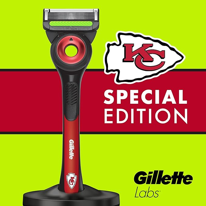 Gillette Labs Special NFL Chiefs Edition Shaving Razor for Men - 1 Handle, 4 Razor Blade Refills & Magnetic Stand, GilletteLabs with Exfoliating Bar