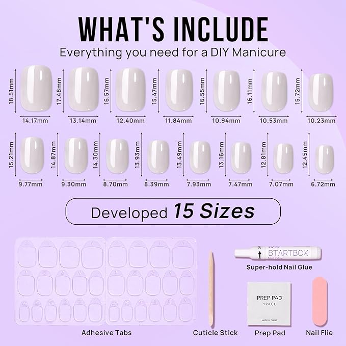 BTArtbox Press On Nails Short - White Soft Gel Press On Nail, Square Chrome Nail Tips Glue On Nails, Reusable Stick On Nails in 15 Sizes - 30 Soft Gel Fake Nails Kit, Vanilla Glazed
