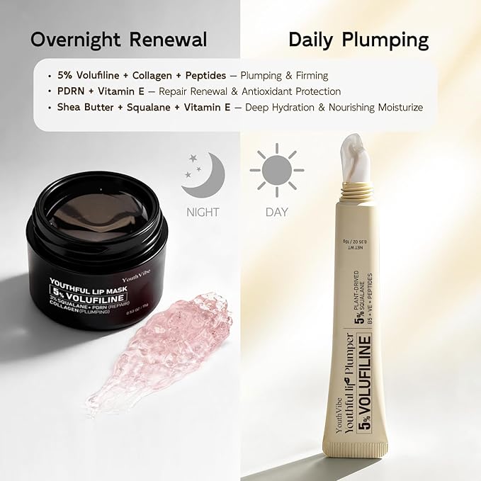 YouthVibe 5% Volufiline Lip Plumper, Nourishing & Anti Aging Over Time with Squalane, Shea Butter, Collagen, Peptide & PDRN - No Burning, No Tingling for Gentle Daily Plumping