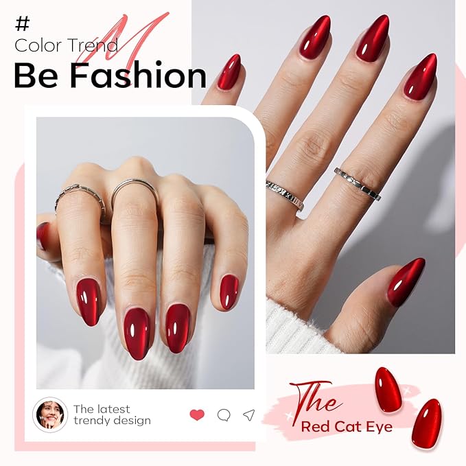 Modelones Red Cat Eye Press on Nails Almond, Valentines Short Fake Nails, Reusable Nail Kit with Nail Glue Adhesive Tabs Mini Nail File, Nails Press Ons 32Pcs 16 Sizes, Women Girl Gift