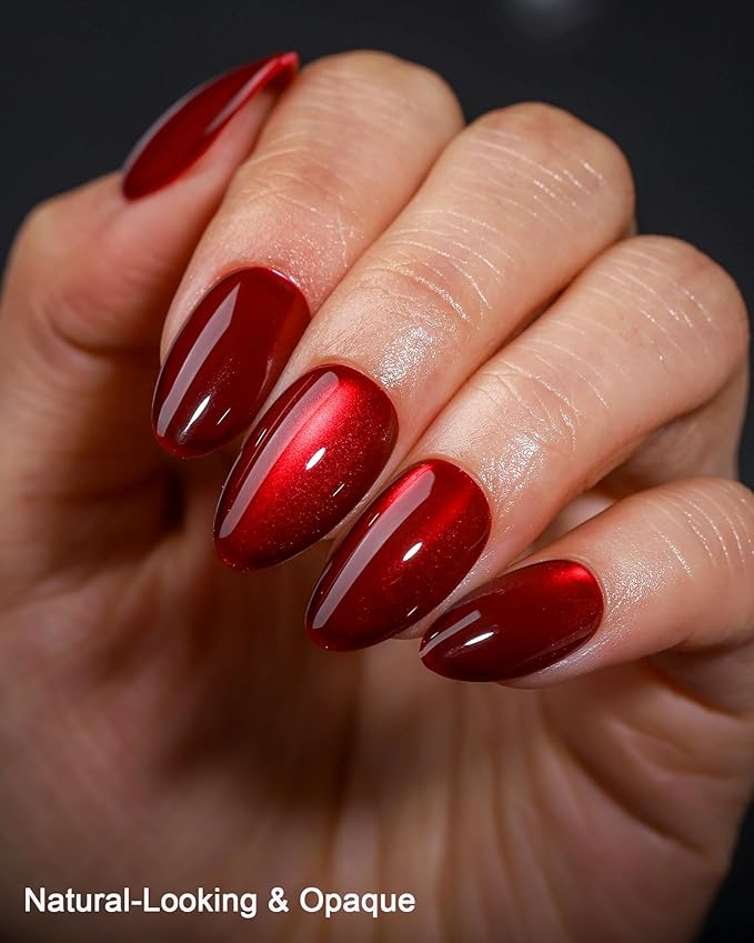 OIFEN Burgundy Red Cat Eye Press on Almond Nails Short 16 Sizes Glass Glossy Gel Fake Manicure with Glue & Stick
