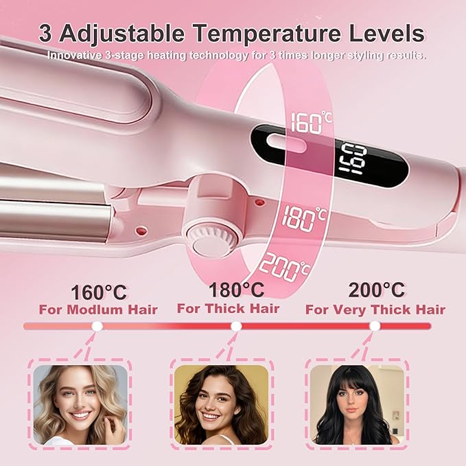 Hair Crimper for Women - Curling Iron Waver Hair Tool to Adjustable Groove - Rizadora para Cabello - Anti-Scald Tech Hair Waver - Ionic Ceramic Coating for Long-Lasting,Fast Heating,Pink, 1/1.25 Inch