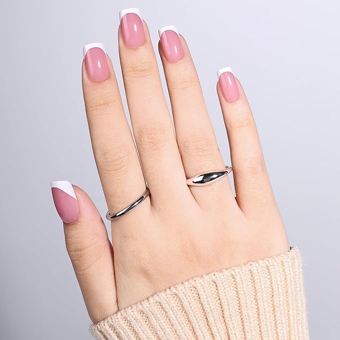 Leefrei French Tip Press On Nails - Short Square Blush Pink Press on Nails Glossy Nails Press Ons for Women DIY Fake Nails Kit, Reusable Glue on Nails Short in 16 Sizes - 32pcs, Blush Tip