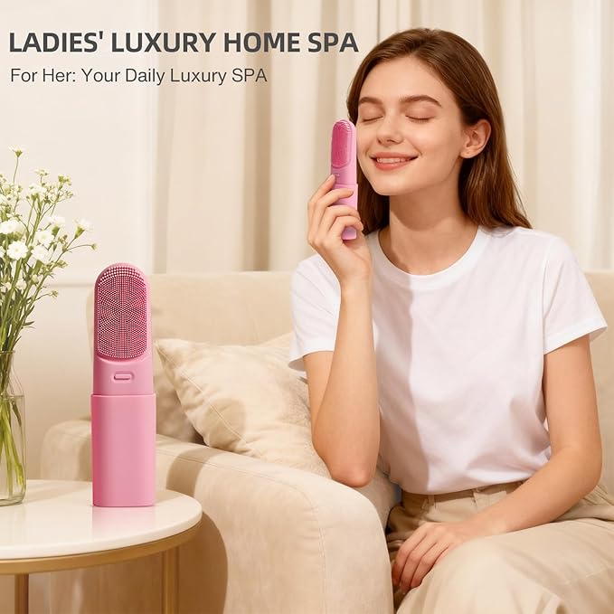 Facial Scrubber Electric Facial Cleansing Brush with Heated, Makeup Remover Cleansing Exfoliating and Massaging,3 Modes,Waterproof Rechargeable Silicone face Brush for Woman & Men(Mist Rose Pink)
