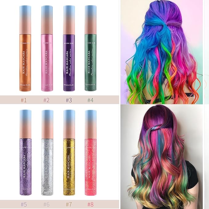 Eshioh Temporary Hair Mascara, 8 Vibrant Colors Temporary Hair Color Dye, Safe Green Formula Hair Mascara, Hair Color for Parties, Halloween, Birthdays, Hair Chalk for Women #shimmer silver