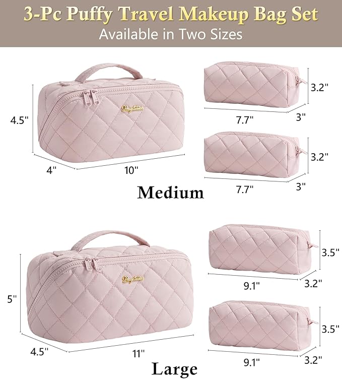 Travel Makeup Bag, 3 Pcs Large Capacity Puffy Toiletry Bag for Women, Open Flat Make up Cosmetic Organizer w/Handle & Clear Divider Water-resistant Portable Pouch Travel Essentials, M-Light Pink