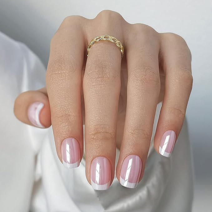 SHANGMENG White Chrome French Tip Press on Nails Short - Soft Gel Press on Nails Square for Women Gift, Glossy Glue on Nails in 16 Sizes - 32 Reusable Fake Nails Kit with Glue, Aurora French