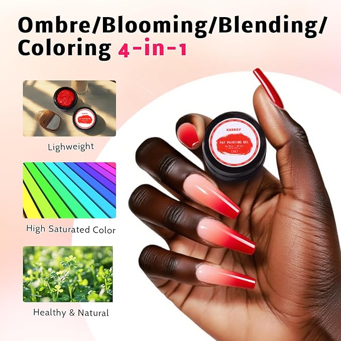 Karroy Sponge Pat Paint Nail Gel, Blending Colors Ombre Nails Gradient Gel Nail Blush Blooming Aura Nails Drawing Stripper Floral Painting Nail Art, No Wipe, UV/LED Curing 5ml 1PC (Red)