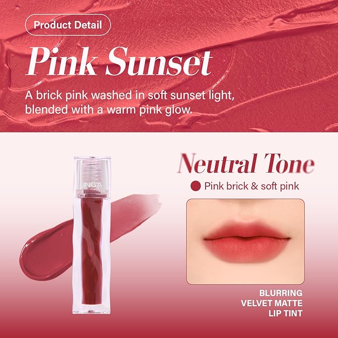 INGA Blurring Velvet Matte Lip Tint - Soft-Blur Matte Finish, Waterproof, Transfer-Proof, Long-Lasting Lip Stain, Lightweight Buildable Color with Hydrating Comfort (Pink Sunset)