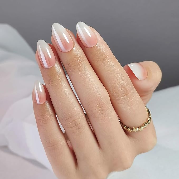 RPNZL Press On Nails - Café Latte | Chrome Ombre French Tip, UV Finish Almond Nails, Salon Quality | 32 Nails, 16 Sizes Kit with Glue and Adhesive Tabs I Female Founded