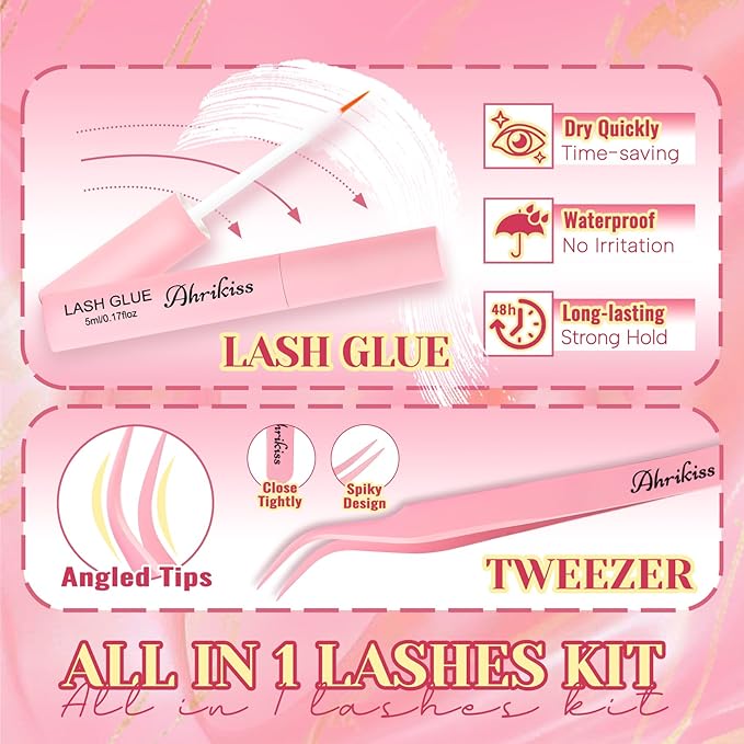 Ahrikiss Lashes Fluffy False Eyelashes Cat Eye Lashes 8 Pairs Faux Mink Lashes 5D Full Strip Lashes Kit with Lash Glue and Lash Tweezers Soft Wispy Fake Lashes (Plume)