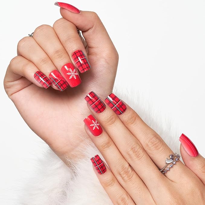 GLAMERMAID Red Press on Nails Medium Square, Snowflake Jelly Gel Nails Square Fake Nails with Design, Grid Glossy Stick Glue on Nails Kit for Women, Reusable Stick on Acrylic Fake Nails Manicure Set