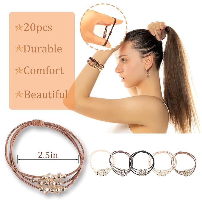 20 PCS Boho Hair Ties, Bracelets Hair Ties for Thick or Thin Hair, Ponytail Holders, 2.5’’ Hair Ties No-Damage
