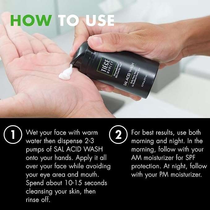 Tiege Hanley Salicylic Acid Cleanser for Men, Gentle Deep-Cleansing Face Wash for Acne-Prone Skin, Helps Remove Impurities & Control Oil, Refines Skin Texture & Pores, Men’s Skin Care, 2.5 FL Oz
