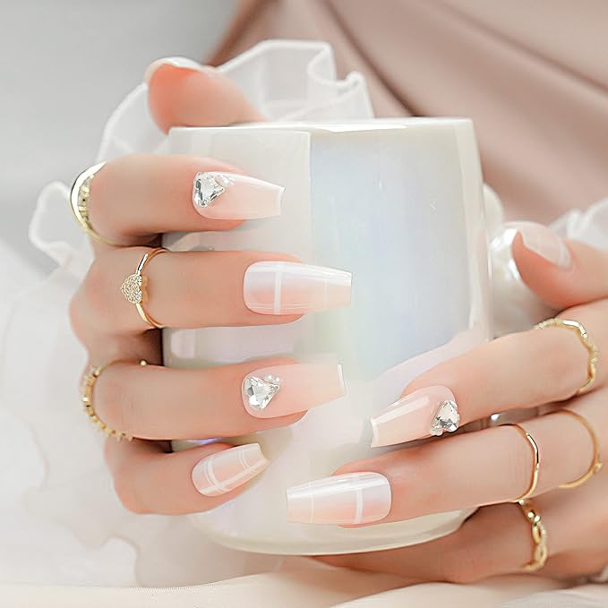 Press on Nails with Heart Big Rhinestones, Luxury Nude French Coffin Stick on Nails with Clear Crystal Pearl Coffin Nails