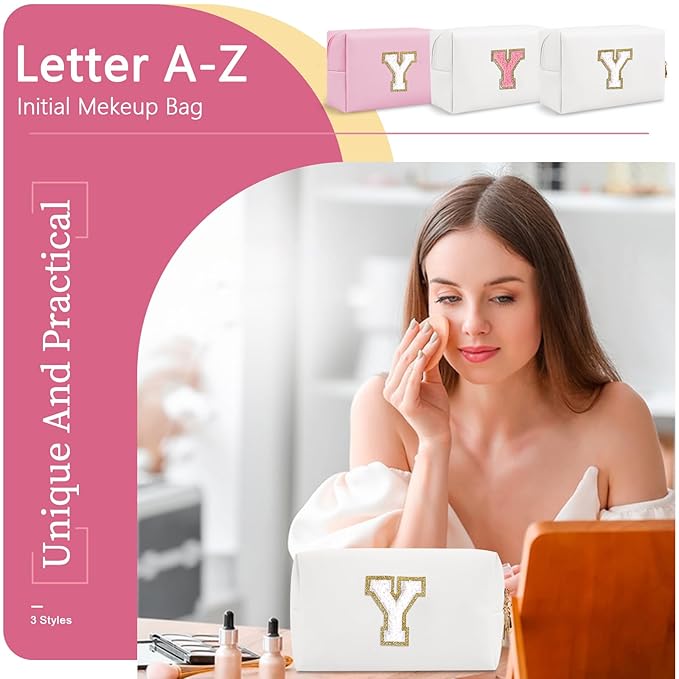 Small Personalized Initial A-Z Preppy Patch Makeup Bag,White PU Chenille Letter Travel Cosmetic Pouch with Zipper,Cute Toiletry Bag,Gift Ideal for Teen Girls Women Teacher Bridesmaid,Letter Y