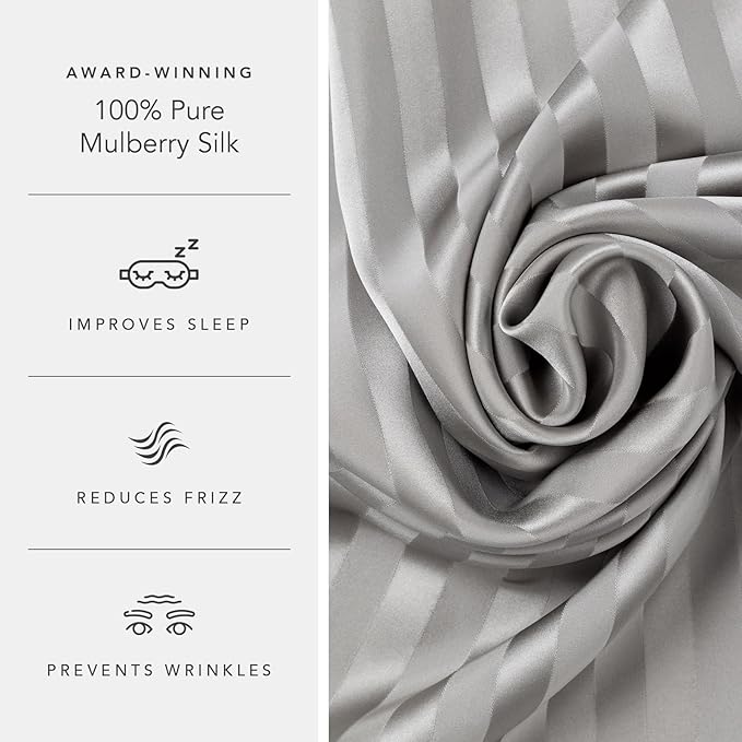 Fishers Finery 30mm 100% Pure Mulberry Silk Pillowcase, Quality Tested (Gray Stripe, Queen)