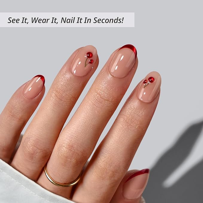 BTArtbox French Tip Press On Nails - Cherry Charm, Lamp-Curable Extra Short Red Almond Valentines Press On Nails with Glue and Adhesive Tabs for Women in 16 Sizes - 32 Soft Gel Glue On Nails Kit