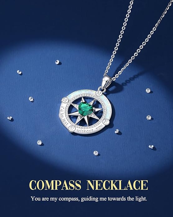 FANCIME Compass Necklace for Women Sterling Silver Compass Jewelry Opal Pendant Fine Jewelry Gemstone Birthday Christmas Gifts for Wife