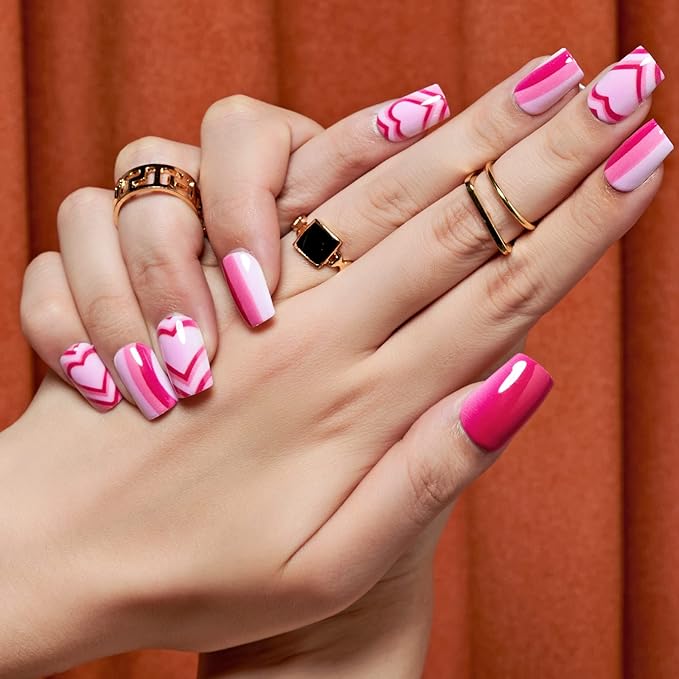 GLAMERMAID Hot Pink Ombre Press on Nails Medium Square, Color Gel False Nals, Valentine Colorful Glue on Nails Kit for Women, Pop Comic Sweet Reusable Stick on Acrylic Fake Nails Manicure Set