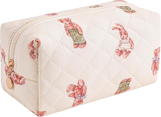 Cute Floral Makeup Bag Small Cotton Quilted Cosmetic Bag, Aesthetic Essential Bag Emergency Bag Gift for Women Girls Travel Accessories (Bear)
