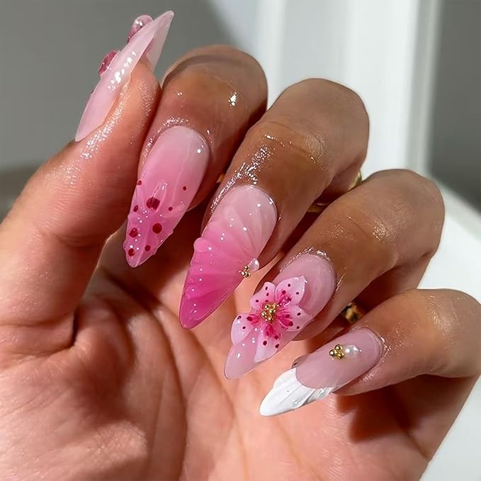 JONKASIPA 3D Pink Floral Embossed Nails Almond Shaped Floral French Fake Nails Spring Patch Nails Full Coverage Acrylic Nails For Women DIY Nail Art Supplies