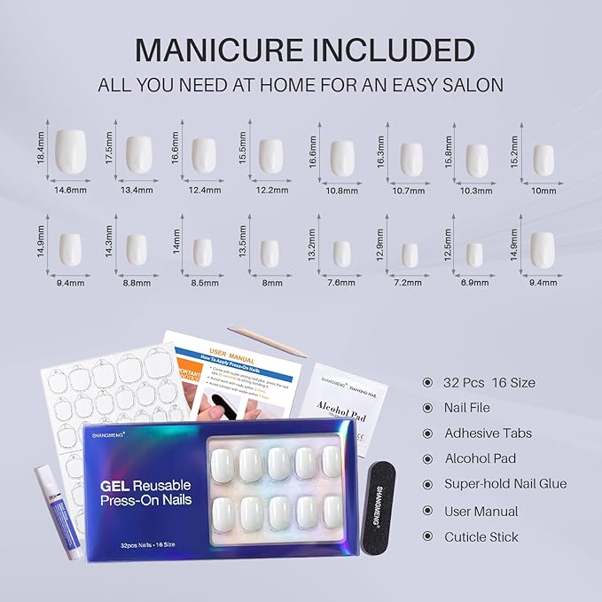SHANGMENG White Press on Nails Short - Soft Gel Valentine Square Press on Nails for Women Gift, Fit Perfectly & Natural Glue on Nails in 16 Sizes - 32 Reusable Fake Nails Kit with Glue, Classic White