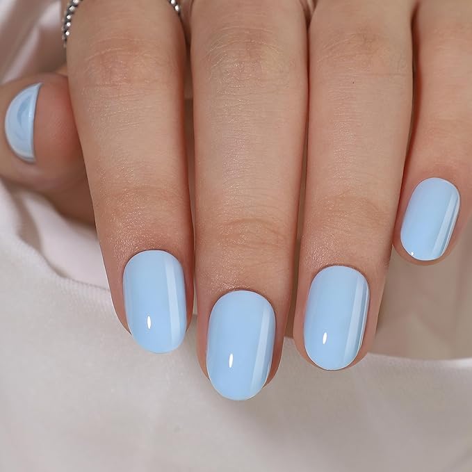RPNZL Press On Nails - Cloud Nine | Opaque Soft Pale Sky Blue Short Oval Fake Nails, Salon Quality | 32 Nails, 16 Sizes Kit with Glue and Adhesive Tabs I Female Founded