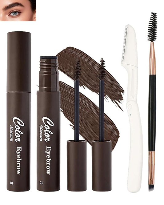 2Pcs Tinted Brow Cream Waterproof,Dark Brown Longwearing Smudgeproof Liquid Eyebrow Tinting Gel Mascara,Volumizing Eye Brows Filler Women Natural Brow Makeup without Clumping with Brow Brush&Razor-01