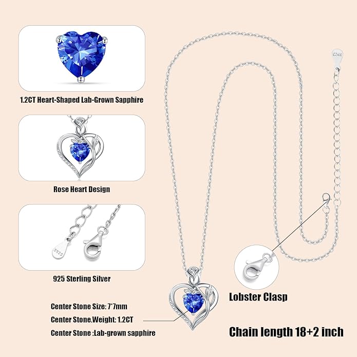 1.2CT Rose Heart Necklace Option of Moissanite or Lab-Grown Sapphire Ruby Emerald&More Necklace for Women Birthstone Girlfriend Necklace S925 Sterling Silver 18K White/Rose Gold Plated D Color VVS1 Gift for Wife Mother Daughter for Birthday Anniversary...