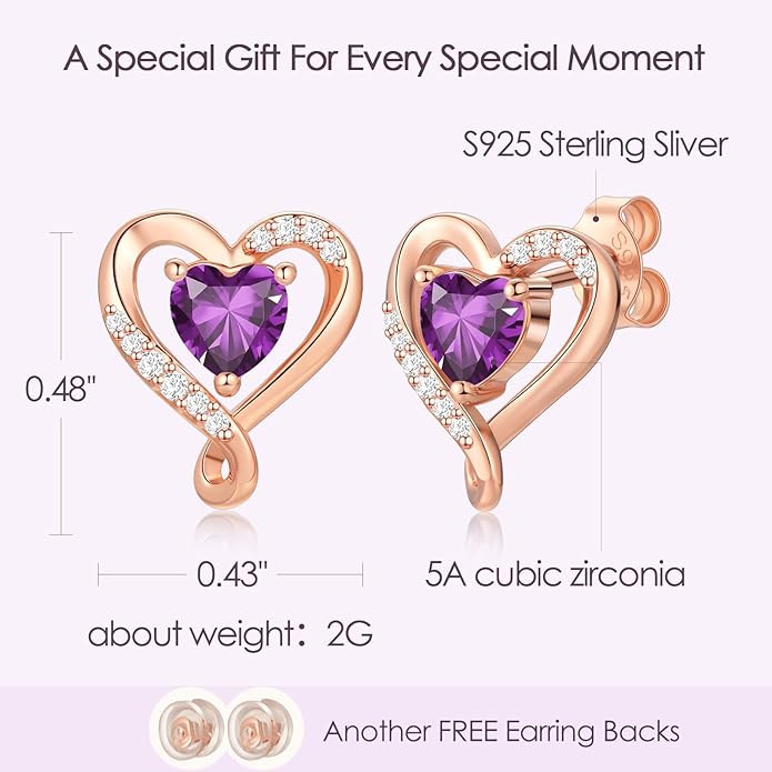 Zifeel Earrings for Women, S925 Sterling Silver Rose Gold Birthstone Heart Studs Earring for Girlfriend Wife, Anniversary Birthday Christmas Valentines Mothers Day Gifts Jewelry for Women Wife Her Mom