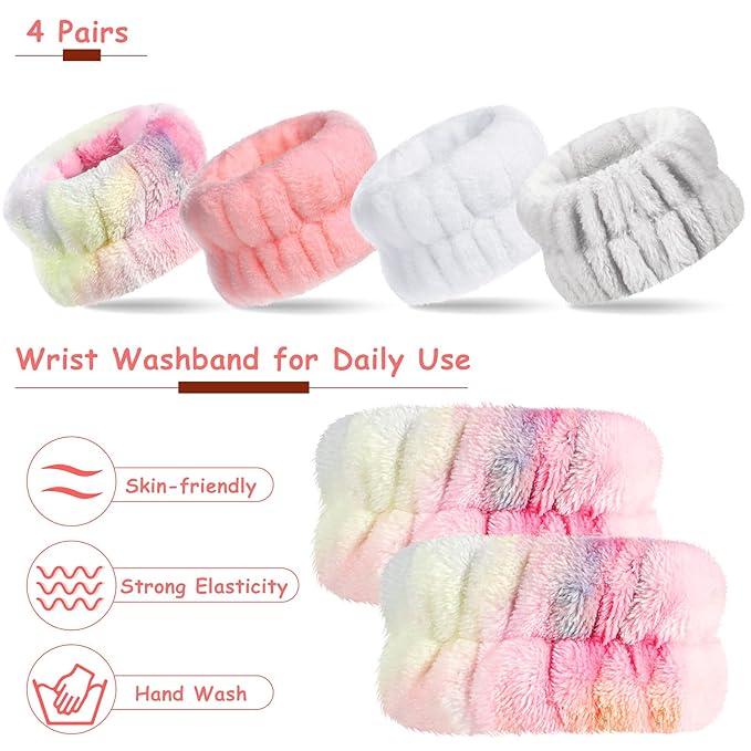 Chuangdi 4 Pairs Wrist Bands for Washing Face Wrist Spa Microfiber Wash Towel Band Scrunchies Absorbent Wristbands Sweatband for Women Prevent Liquid from Spilling